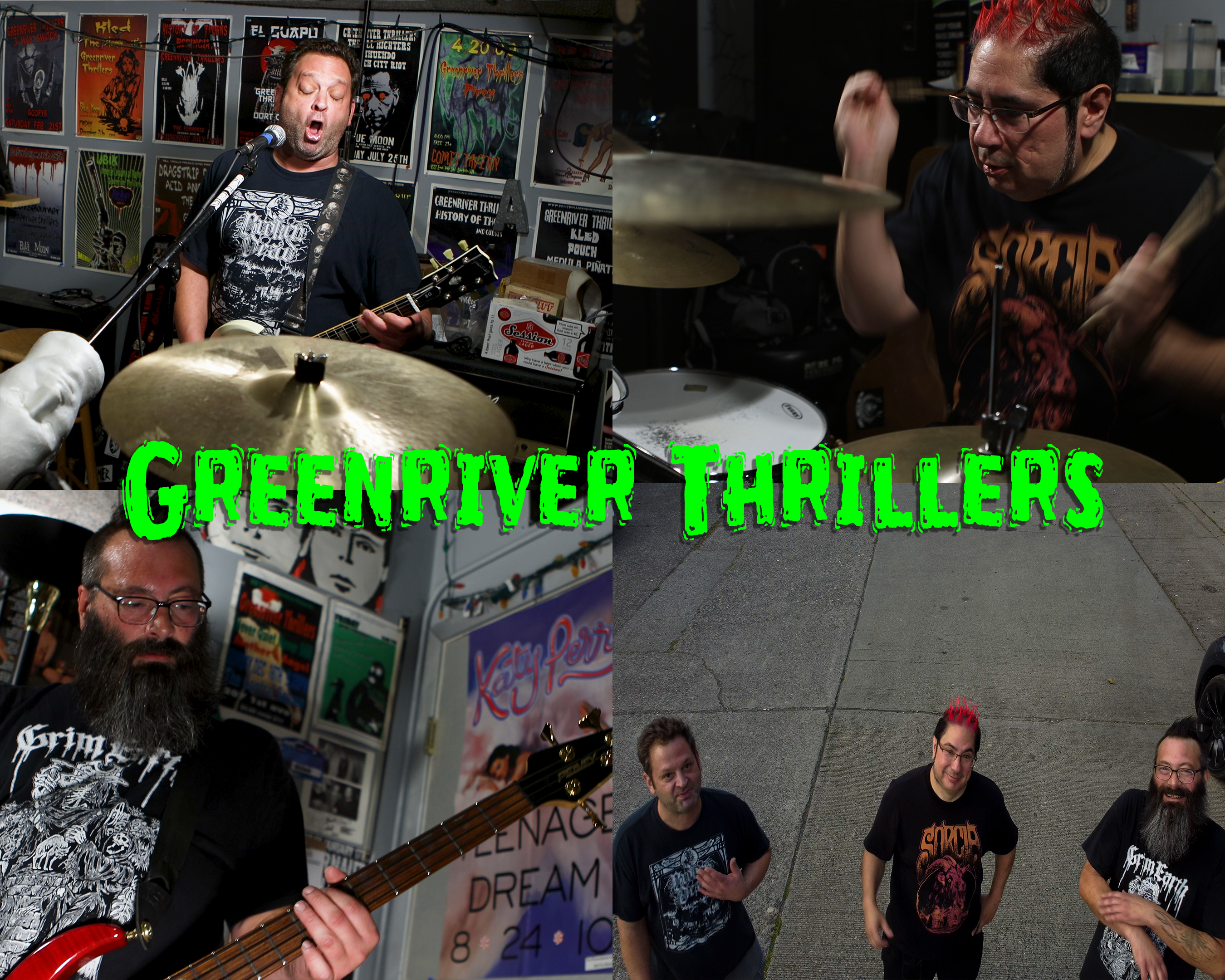 Image that features pictures of the band with the name, Greenriver Thrillers, centered in the image